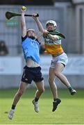 10 May 2023; Diarmuid Ó Dúlaing of Dublin in action against Luke Watkins of Offaly during the oneills.com Leinster GAA Hurling U20 Championship Semi-Final match between Offaly and Dublin at Glenisk O'Connor Park in Tullamore, Offaly. Photo by Piaras Ó Mídheach/Sportsfile