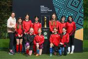 10 May 2023; Holy Trinity National School Glencairn with the FIFA Women’s World Cup trophy during a grassroots girls schools blitz, part of the FIFA Women’s World Cup Trophy Tour in Dublin, at Irishtown Stadium in Dublin. The FIFA Women’s World Cup Trophy Tour began in February and is visiting all 32 of the tournament’s participating nations – more countries than ever before! The tour is ‘Going Beyond’ to inspire people of all ages to get excited about the FIFA Women’s World Cup Australia & New Zealand 2023. Photo by Stephen McCarthy/Sportsfile