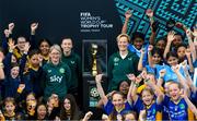 10 May 2023; Republic of Ireland manager Vera Pauw, right, former Republic of Ireland international Olivia O'Toole and Republic of Ireland international Abbie Larkin with participants and the FIFA Women’s World Cup trophy during a grassroots girls schools blitz, part of the FIFA Women’s World Cup Trophy Tour in Dublin, at Irishtown Stadium in Dublin. The FIFA Women’s World Cup Trophy Tour began in February and is visiting all 32 of the tournament’s participating nations – more countries than ever before! The tour is ‘Going Beyond’ to inspire people of all ages to get excited about the FIFA Women’s World Cup Australia & New Zealand 2023. Photo by Stephen McCarthy/Sportsfile