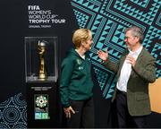 10 May 2023; Republic of Ireland manager Vera Pauw and Gary Gray, ambassador of Australia to Ireland, with the FIFA Women’s World Cup trophy during a grassroots girls schools blitz, part of the FIFA Women’s World Cup Trophy Tour in Dublin, at Irishtown Stadium in Dublin. The FIFA Women’s World Cup Trophy Tour began in February and is visiting all 32 of the tournament’s participating nations – more countries than ever before! The tour is ‘Going Beyond’ to inspire people of all ages to get excited about the FIFA Women’s World Cup Australia & New Zealand 2023. Photo by Stephen McCarthy/Sportsfile