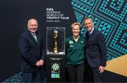 10 May 2023; FAI president Gerry McAnaney, left, Republic of Ireland manager Vera Pauw and FAI chief executive Jonathan Hill, right, with the FIFA Women’s World Cup trophy during a grassroots girls schools blitz, part of the FIFA Women’s World Cup Trophy Tour in Dublin, at Irishtown Stadium in Dublin. The FIFA Women’s World Cup Trophy Tour began in February and is visiting all 32 of the tournament’s participating nations – more countries than ever before! The tour is ‘Going Beyond’ to inspire people of all ages to get excited about the FIFA Women’s World Cup Australia & New Zealand 2023. Photo by Stephen McCarthy/Sportsfile