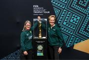 10 May 2023; Former Republic of Ireland international Olivia O'Toole, left, and Republic of Ireland manager Vera Pauw with the FIFA Women’s World Cup trophy during a grassroots girls schools blitz, part of the FIFA Women’s World Cup Trophy Tour in Dublin, at Irishtown Stadium in Dublin. The FIFA Women’s World Cup Trophy Tour began in February and is visiting all 32 of the tournament’s participating nations – more countries than ever before! The tour is ‘Going Beyond’ to inspire people of all ages to get excited about the FIFA Women’s World Cup Australia & New Zealand 2023. Photo by Stephen McCarthy/Sportsfile