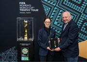 10 May 2023; Giulia Turkyilmaz, FIFA Trophy Tour manager, and FAI president Gerry McAnaney with the FIFA Women’s World Cup trophy during a grassroots girls schools blitz, part of the FIFA Women’s World Cup Trophy Tour in Dublin, at Irishtown Stadium in Dublin. The FIFA Women’s World Cup Trophy Tour began in February and is visiting all 32 of the tournament’s participating nations – more countries than ever before! The tour is ‘Going Beyond’ to inspire people of all ages to get excited about the FIFA Women’s World Cup Australia & New Zealand 2023. Photo by Stephen McCarthy/Sportsfile