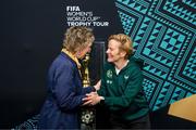 10 May 2023; Labour Party leader Ivana Bacik and Republic of Ireland manager Vera Pauw with the FIFA Women’s World Cup trophy during a grassroots girls schools blitz, part of the FIFA Women’s World Cup Trophy Tour in Dublin, at Irishtown Stadium in Dublin. The FIFA Women’s World Cup Trophy Tour began in February and is visiting all 32 of the tournament’s participating nations – more countries than ever before! The tour is ‘Going Beyond’ to inspire people of all ages to get excited about the FIFA Women’s World Cup Australia & New Zealand 2023. Photo by Stephen McCarthy/Sportsfile