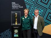 10 May 2023; Republic of Ireland manager Vera Pauw and Gary Gray, ambassador of Australia to Ireland, with the FIFA Women’s World Cup trophy during a grassroots girls schools blitz, part of the FIFA Women’s World Cup Trophy Tour in Dublin, at Irishtown Stadium in Dublin. The FIFA Women’s World Cup Trophy Tour began in February and is visiting all 32 of the tournament’s participating nations – more countries than ever before! The tour is ‘Going Beyond’ to inspire people of all ages to get excited about the FIFA Women’s World Cup Australia & New Zealand 2023. Photo by Stephen McCarthy/Sportsfile