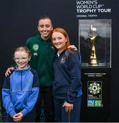 10 May 2023; Republic of Ireland international Abbie Larkin and participants with the FIFA Women’s World Cup trophy during a grassroots girls schools blitz, part of the FIFA Women’s World Cup Trophy Tour in Dublin, at Irishtown Stadium in Dublin. The FIFA Women’s World Cup Trophy Tour began in February and is visiting all 32 of the tournament’s participating nations – more countries than ever before! The tour is ‘Going Beyond’ to inspire people of all ages to get excited about the FIFA Women’s World Cup Australia & New Zealand 2023. Photo by Stephen McCarthy/Sportsfile