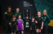 10 May 2023; Republic of Ireland international Abbie Larkin and former Republic of Ireland international Olivia O'Toole, right, with, from left, Grace Richardson, Matilda Kavanagh, Holly Moylan, Kian Moylan and Darcy Molloy, all from Sheriff YC Football Club, with the FIFA Women’s World Cup trophy, part of the FIFA Women’s World Cup Trophy Tour in Dublin, at The Mansion House. The FIFA Women’s World Cup Trophy Tour began in February and is visiting all 32 of the tournament’s participating nations – more countries than ever before! The tour is ‘Going Beyond’ to inspire people of all ages to get excited about the FIFA Women’s World Cup Australia & New Zealand 2023. Photo by Stephen McCarthy/Sportsfile