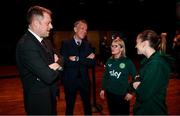 10 May 2023; Thomas Byrne T.D, Minister of State at the Department of Tourism, Culture, Arts, Gaeltacht, Sport and Media and at the Department of Education, with, from left, FAI chief executive Jonathan Hill, former Republic of Ireland international Olivia O'Toole and Republic of Ireland international Abbie Larkin at the Mansion House as part of the FIFA Women’s World Cup Trophy Tour in Dublin. The FIFA Women’s World Cup Trophy Tour began in February and is visiting all 32 of the tournament’s participating nations – more countries than ever before! The tour is ‘Going Beyond’ to inspire people of all ages to get excited about the FIFA Women’s World Cup Australia & New Zealand 2023. Photo by Stephen McCarthy/Sportsfile