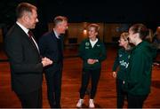 10 May 2023; Thomas Byrne T.D, Minister of State at the Department of Tourism, Culture, Arts, Gaeltacht, Sport and Media and at the Department of Education, with, from left, FAI chief executive Jonathan Hill, Republic of Ireland manager Vera Pauw, former Republic of Ireland international Olivia O'Toole and Republic of Ireland international Abbie Larkin at the Mansion House as part of the FIFA Women’s World Cup Trophy Tour in Dublin. The FIFA Women’s World Cup Trophy Tour began in February and is visiting all 32 of the tournament’s participating nations – more countries than ever before! The tour is ‘Going Beyond’ to inspire people of all ages to get excited about the FIFA Women’s World Cup Australia & New Zealand 2023. Photo by Stephen McCarthy/Sportsfile