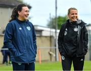 11 May 2023; Republic of Ireland manager Megan Smyth-Lynch, left, and Germany assistant coach Julia Simic before the Women's U16 International Friendly match between Republic of Ireland and Germany at St Kevins FC in Dublin. Photo by Tyler Miller/Sportsfile