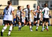 11 May 2023; Merle Hokamp of Germany, centre, celebrates with teammates Helene Schäfer, left, and Lilly Nele Damm, after scoring her side's first goal during the Women's U16 International Friendly match between Republic of Ireland and Germany at St Kevins FC in Dublin. Photo by Tyler Miller/Sportsfile