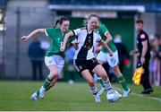 11 May 2023; Emilia Grund of Germany in action against Hannah Healy of Republic of Ireland during the Women's U16 International Friendly match between Republic of Ireland and Germany at St Kevins FC in Dublin. Photo by Tyler Miller/Sportsfile