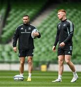 12 May 2023; Dave Kearney and Ciarán Frawley during a Leinster Rugby captain's run at the Aviva Stadium in Dublin. Photo by Harry Murphy/Sportsfile