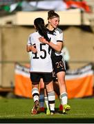 11 May 2023; Tessa Zimmerman of Germany, right, and teammate Sari Saeland celebrate after their side's victory in the Women's U16 International Friendly match between Republic of Ireland and Germany at St Kevins FC in Dublin. Photo by Tyler Miller/Sportsfile