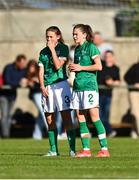 11 May 2023; Lauryn McCabe of Republic of Ireland, left, and Aoibhe Brennan during the Women's U16 International Friendly match between Republic of Ireland and Germany at St Kevins FC in Dublin. Photo by Tyler Miller/Sportsfile