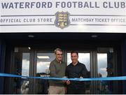 12 May 2023; Waterford owner Andy Pilley, left, and Fleetwood Town head coach Scott Brown at the opening of the Waterford FC official club store and matchday ticket office before the SSE Airtricity Men's First Division match between Waterford and Cobh Ramblers at the RSC in Waterford. Photo by Michael P Ryan/Sportsfile