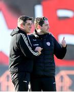 12 May 2023; Derry City manager Ruaidhrí Higgins, right, and Bohemians manager Declan Devine before the SSE Airtricity Men's Premier Division match between Bohemians and Derry City at Dalymount Park in Dublin. Photo by Stephen McCarthy/Sportsfile