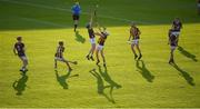 12 May 2023; Michael Fallon of Galway in action against Sean Bergin of Kilkenny during the Electric Ireland Leinster GAA Hurling Minor Championship Final match between Kilkenny and Galway at Laois Hire O’Moore Park in Portlaoise, Laois. Photo by Eóin Noonan/Sportsfile
