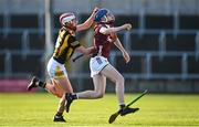 12 May 2023; Thomas Blake of Galway is tackled by Brian Moore of Kilkenny during the Electric Ireland Leinster GAA Hurling Minor Championship Final match between Kilkenny and Galway at Laois Hire O’Moore Park in Portlaoise, Laois. Photo by Eóin Noonan/Sportsfile