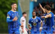 12 May 2023; Ronan Coughlan of Waterford, left, celebrates after scoring his side's first goal with teammate Conor Parsons during the SSE Airtricity Men's First Division match between Waterford and Cobh Ramblers at the RSC in Waterford. Photo by Michael P Ryan/Sportsfile