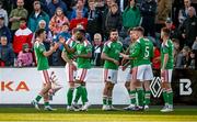 12 May 2023; Tunde Owolabi of Cork City, second right, celebrates after scoring his side's first goal during the SSE Airtricity Men's Premier Division match between Dundalk and Cork City at Oriel Park in Dundalk, Louth. Photo by Ramsey Cardy/Sportsfile