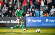 12 May 2023; Tunde Owolabi of Cork City scores his side's first goal during the SSE Airtricity Men's Premier Division match between Dundalk and Cork City at Oriel Park in Dundalk, Louth. Photo by Ramsey Cardy/Sportsfile
