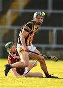 12 May 2023; Greg Kelly of Kilkenny in action against Michael Fallon of Galway during the Electric Ireland Leinster GAA Hurling Minor Championship Final match between Kilkenny and Galway at Laois Hire O’Moore Park in Portlaoise, Laois. Photo by Eóin Noonan/Sportsfile