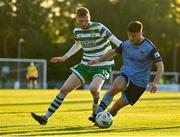 12 May 2023; Donal Higgins of UCD in action against Darragh Nugent of Shamrock Rovers during the SSE Airtricity Men's Premier Division match between UCD and Shamrock Rovers at the UCD Bowl in Dublin. Photo by Seb Daly/Sportsfile