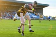 12 May 2023; Mikey Stynes of Kilkenny in action against Jason Rabitte of Galway during the Electric Ireland Leinster GAA Hurling Minor Championship Final match between Kilkenny and Galway at Laois Hire O’Moore Park in Portlaoise, Laois. Photo by Eóin Noonan/Sportsfile