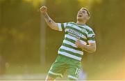 12 May 2023; Trevor Clarke of Shamrock Rovers celebrates after scoring his side's first goal during the SSE Airtricity Men's Premier Division match between UCD and Shamrock Rovers at the UCD Bowl in Dublin. Photo by Seb Daly/Sportsfile