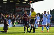 12 May 2023; Referee Paul McLaughlin shows Grant Horton of Bohemians, left, a red card during the SSE Airtricity Men's Premier Division match between Bohemians and Derry City at Dalymount Park in Dublin. Photo by Tyler Miller/Sportsfile