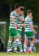 12 May 2023; Aaron Greene of Shamrock Rovers, left, celebrates with teammate Trevor Clarke after scoring their side's second goal during the SSE Airtricity Men's Premier Division match between UCD and Shamrock Rovers at the UCD Bowl in Dublin. Photo by Seb Daly/Sportsfile