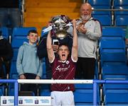 12 May 2023; Galway captain Seán Murphy lifting the cup after the Electric Ireland Leinster GAA Hurling Minor Championship Final match between Kilkenny and Galway at Laois Hire O’Moore Park in Portlaoise, Laois. Photo by Eóin Noonan/Sportsfile