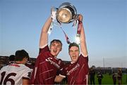 12 May 2023; Galway players, Dylan Quirke, left, and Seán Murphy lifting the cup after the Electric Ireland Leinster GAA Hurling Minor Championship Final match between Kilkenny and Galway at Laois Hire O’Moore Park in Portlaoise, Laois. Photo by Eóin Noonan/Sportsfile
