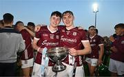 12 May 2023; Galway players Conor Gilligan, left, and Dylan Quirke after the Electric Ireland Leinster GAA Hurling Minor Championship Final match between Kilkenny and Galway at Laois Hire O’Moore Park in Portlaoise, Laois. Photo by Eóin Noonan/Sportsfile