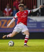 12 May 2023; Chris Forrester of St Patrick's Athletic shoots to score his side's third goal during the SSE Airtricity Men's Premier Division match between St Patrick's Athletic and Drogheda United at Richmond Park in Dublin. Photo by Piaras Ó Mídheach/Sportsfile