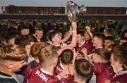 12 May 2023; Conor Gilligan of Galway lifting the cup after the Electric Ireland Leinster GAA Hurling Minor Championship Final match between Kilkenny and Galway at Laois Hire O’Moore Park in Portlaoise, Laois. Photo by Eóin Noonan/Sportsfile