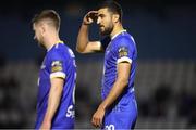 12 May 2023; Wassim Aouachria of Waterford, right, celebrates after scoring his side's fifth goal during the SSE Airtricity Men's First Division match between Waterford and Cobh Ramblers at the RSC in Waterford. Photo by Michael P Ryan/Sportsfile