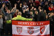 12 May 2023; Derry City supporters celebrate after the SSE Airtricity Men's Premier Division match between Bohemians and Derry City at Dalymount Park in Dublin. Photo by Stephen McCarthy/Sportsfile