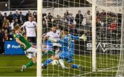 12 May 2023; Patrick Hoban of Dundalk shoots to score his side's second goal past Cork City goalkeeper Jimmy Corcoran during the SSE Airtricity Men's Premier Division match between Dundalk and Cork City at Oriel Park in Dundalk, Louth. Photo by Ramsey Cardy/Sportsfile