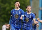 12 May 2023; Ronan Coughlan of Waterford left, celebrates after scoring his side's first goal during the SSE Airtricity Men's First Division match between Waterford and Cobh Ramblers at the RSC in Waterford. Photo by Michael P Ryan/Sportsfile