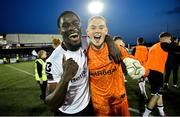 12 May 2023; Dundalk players Wasiri Williams, left, and goalkeeper Nathan Shepperd celebrate after the SSE Airtricity Men's Premier Division match between Dundalk and Cork City at Oriel Park in Dundalk, Louth. Photo by Ramsey Cardy/Sportsfile