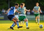 12 May 2023; Evan Osam of UCD in action against Ronan Finn of Shamrock Rovers during the SSE Airtricity Men's Premier Division match between UCD and Shamrock Rovers at the UCD Bowl in Dublin. Photo by Seb Daly/Sportsfile