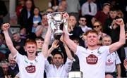 13 May 2023; Kildare joint captains Harry O'Neill, left, and Shane Farrell lift the cup following the Eirgrid GAA Football All-Ireland U20 Championship Final between Kildare and Sligo at Kingspan Breffni in Cavan. Photo by Stephen McCarthy/Sportsfile