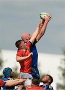 13 May 2023; Wes Shirley of Leinster takes the ball in the lineout against Ryain Ahern of Munster during the Interprovincial Juniors match between Leinster and Munster at Waterford City RFC in Waterford. Photo by Matt Browne/Sportsfile