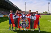 15 May 2023; Dublin Devils players, form left, Jamie Farrelly, Adam Kane, and Chris Ó Greacháin with Bohemians players Krystian Nowak, left, and Kris Twardek in attendance during the Bohemians v Dublin Devils - Pride of Dalymount Cup Announcement at Dalymount Park in Dublin. Photo by Ben McShane/Sportsfile