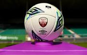 13 May 2023; A view of a match ball featuring the Treaty United crest prior to the SSE Airtricity Women's Premier Division match between Treaty United and Peamount United at Markets Field in Limerick. Photo by Tom Beary/Sportsfile