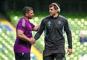 13 May 2023; Ryan Baird of Leinster, right and Munster assistant coach Denis Leamy before the United Rugby Championship Semi-Final match between Leinster and Munster at the Aviva Stadium in Dublin. Photo by Brendan Moran/Sportsfile