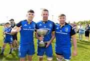 13 May 2023; Leinster players, from left, Jake McDonald, Wes Carter, and Gary Dunne with the cup after the Interprovincial Juniors match between Leinster and Munster at Waterford City RFC in Waterford. Photo by Matt Browne/Sportsfile