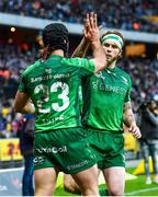 13 May 2023; Byron Ralston of Connacht and Mack Hansen of Connacht celebrates after scoring a try during the United Rugby Championship Semi-Final match between Stormers and Connacht at DHL Stadium in Cape Town, South Africa. Photo by Ashley Vlotman/Sportsfile